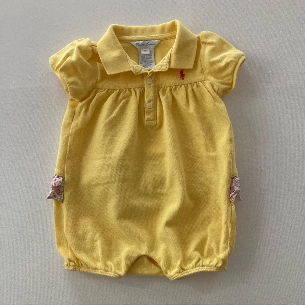 Ralph Lauren Baby Girl 9 Months Yellow Romper Floral Ruffle Easter Spring Summer